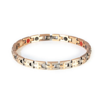 Crossroads copper negative ion bracelet clasped front view, slim unisex design with cross pattern
